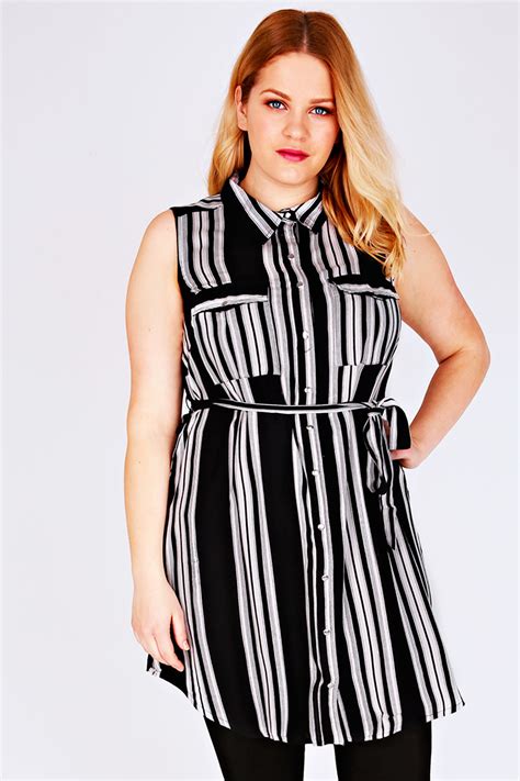 Black And White Striped Sleeveless Longline Shirt With Side Slits