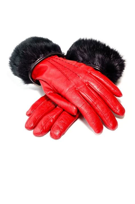 Red Winter Leather Gloves Natural Fur Women Stock Photos - Free ...