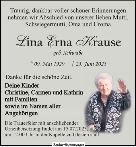 Traueranzeigen Von Lina Erna Krause Trauer Anzeigen De