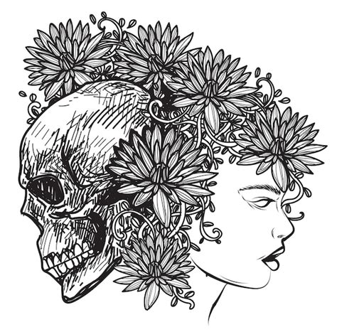 Premium Vector Tattoo Art Women Flower And Skull Hand Drawing Sketch