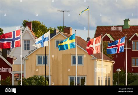 Flags of Norway, Finland, Sweden, Denmark and Iceland, Oregrund, Sweden ...