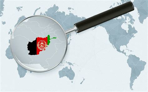 Asia centered world map with magnified glass on Afghanistan. Focus on ...