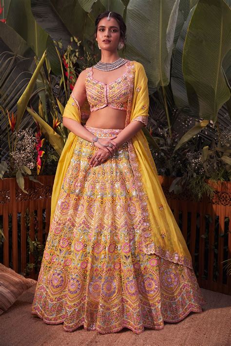 Buy Yellow Organza Embroidery Mirror V Neck Lehenga Set For Women By