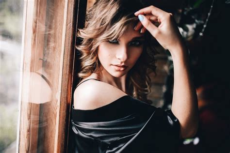 Tanned Women Painted Nails Window Blonde Portrait Black Lingerie HD Wallpaper Rare Gallery