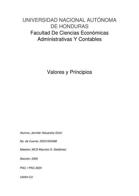 Valores Y Principios Empresa Y Derecho Universidad Nacional AutÓnoma De Honduras Facultad De