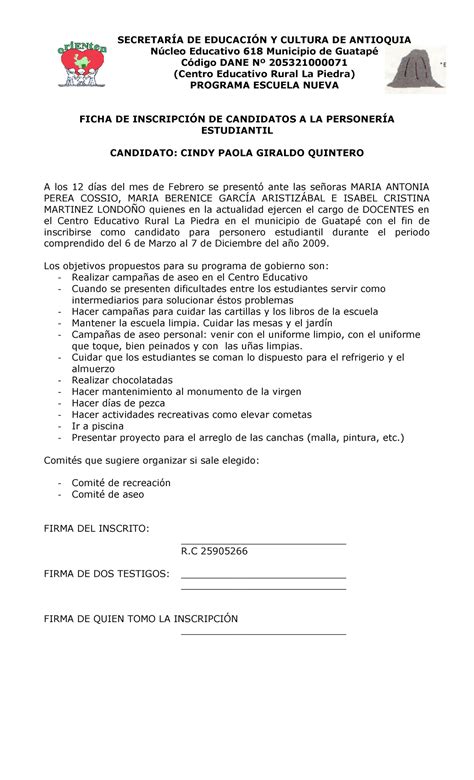 Acta Gobierno Escolar Núcleo Educativo 618 Municipio De Guatapé