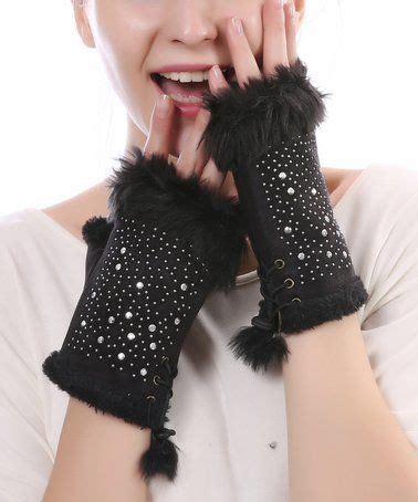 Memories Black Studded Lace Up Fingerless Gloves Black Studded