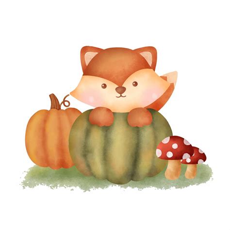 Watercolor Autumn Fox And Pumpkin Vector Art At Vecteezy