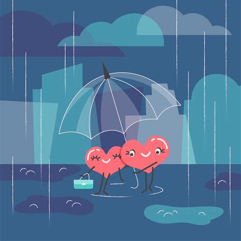 Two Cute Hearts Standing Under An Umbrella In Rainy Weather A Happy Couple In Love Street