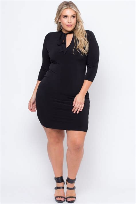 Plus Size Tie Neck Bodycon Dress Black Neck Bodycon Dress Black