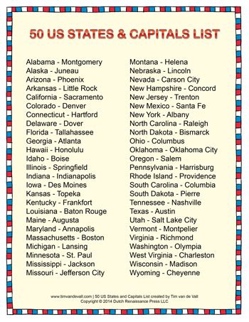 States and Capitals List - Tim's Printables