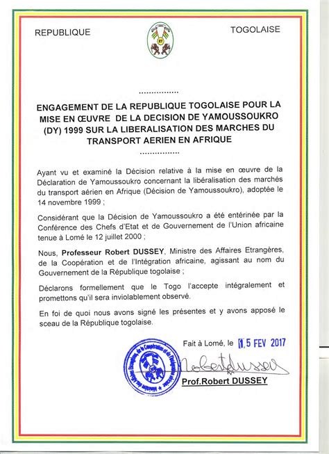 Engagement De La R Publique Togolaise Pour La Mise En Oeuvre De La