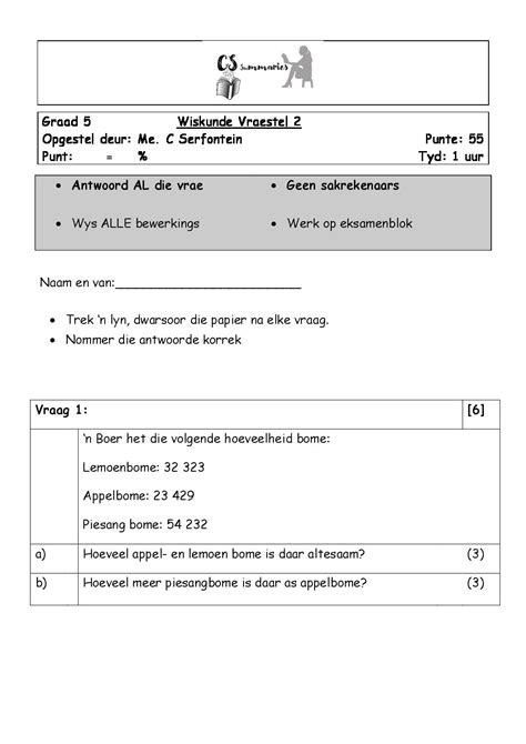 Graad 5 Afrikaans HT Toets 3de Kwartaal 2019 Leesbegrip En Taal Teacha