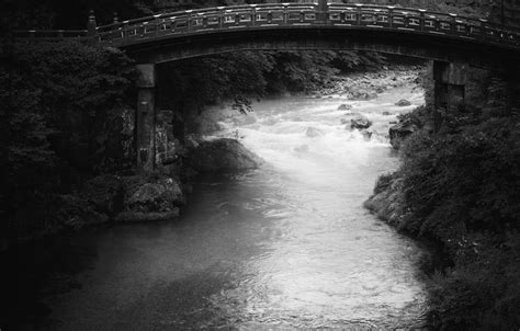 Wallpaper bridge, trees, river, black and white pictures, stones images ...