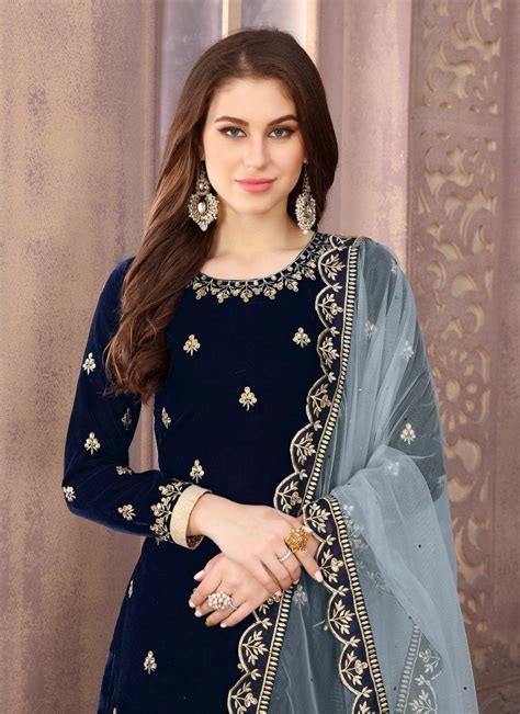 Women S Stunning Dark Blue Color Velvet Embroidery Patiala Suit