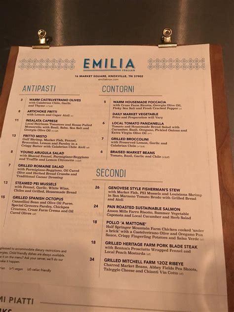 Menu At Emilia Restaurant Knoxville