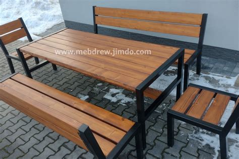 Meble ogrodowe loft drewno metal 2 ławki 2 fotele zestaw