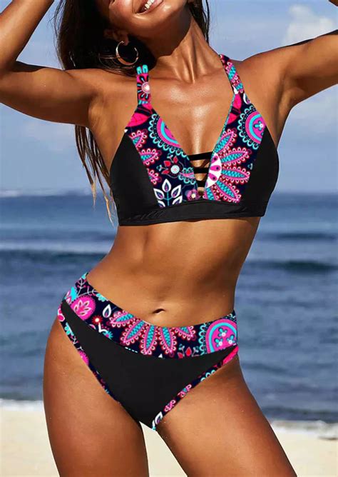 Floral Hollow Out Criss Cross Bikini Set Fairyseason