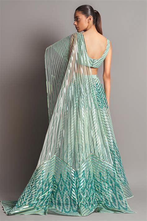 Buy Amit Aggarwal Green Tulle Metallic Lehenga Set Online Aza Fashions