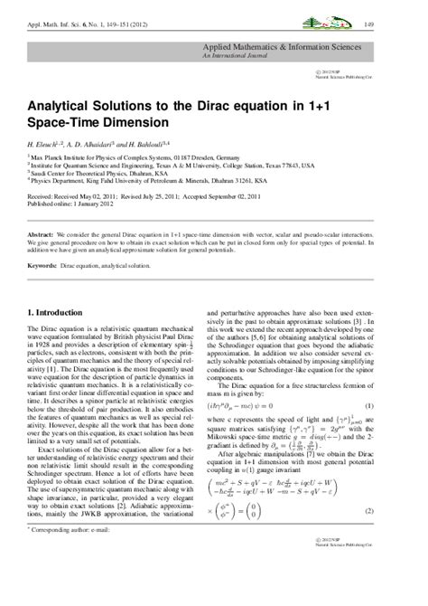 (PDF) Analytical Solutions to the Dirac equation in 1+ 1 Space-Time Dimension