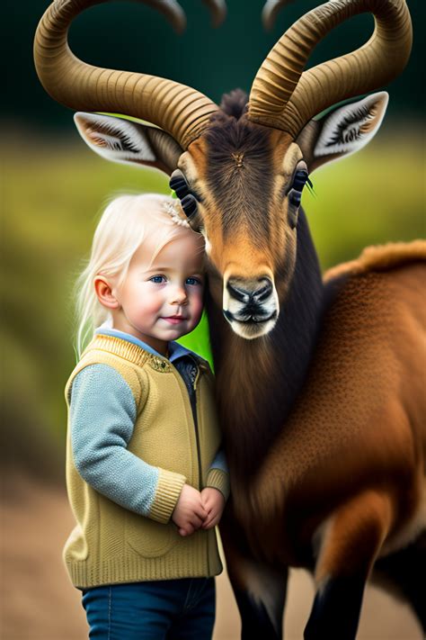 Lexica A Year Old Blonde Girl With A Hat Petting A Cute Ibex Photorealistic