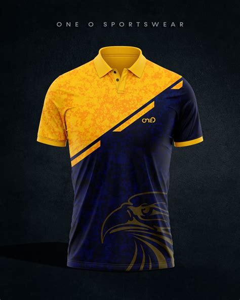 A Polo Shirt With An Eagle Design On The Front And Side In Yellow And Blue