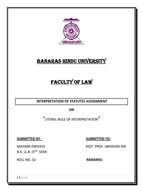 Banaras Hindu University Interpretation Of Statutes Assignment On