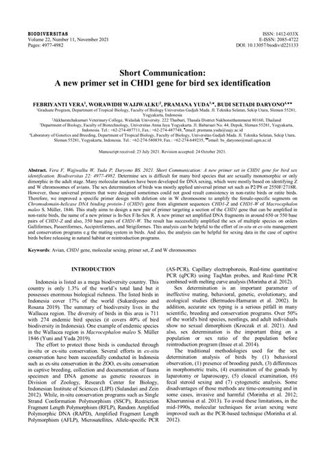 PDF A New Primer Set In CHD1 Gene For Bird Sex Identification