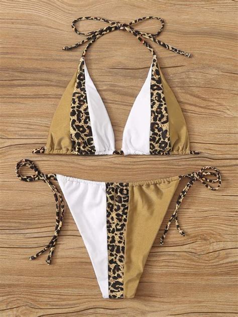 Contrast Leopard Halter Top With Tie Side Bikini Set SHEIN USA In