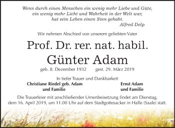 Traueranzeigen Von G Nter Adam Abschied Nehmen De