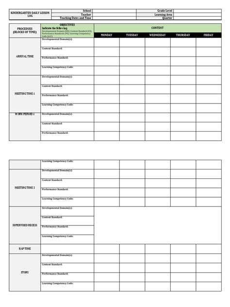 Kindergarten Daily Lesson Log Pdf Teachers Learning