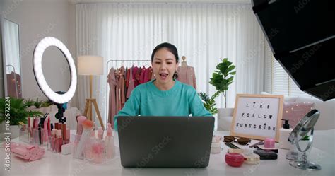 Asia Woman Micro Influencer Record Live Viral Video Camera At Home