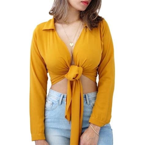 Blusa Top Cropped Social Manga Longa Botões Laço Amarrar Amarração