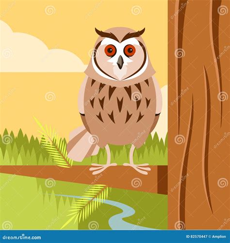 Happy Owl On The Tree Flat Background Stock Vector Illustration Of