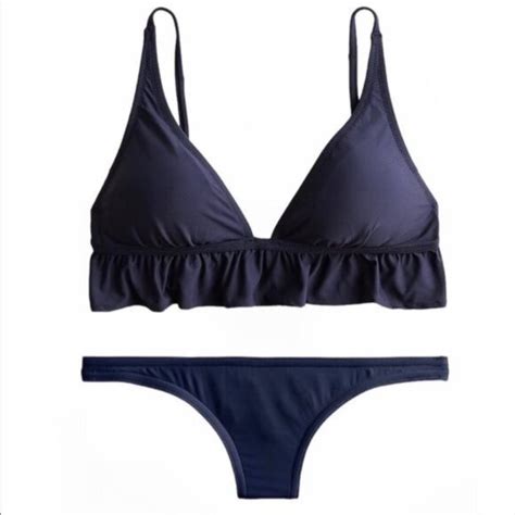 J Crew Swim J Crew Bikini Ruffle French Ruched Lowrider Bikini Navy Size Xl Nwt Poshmark