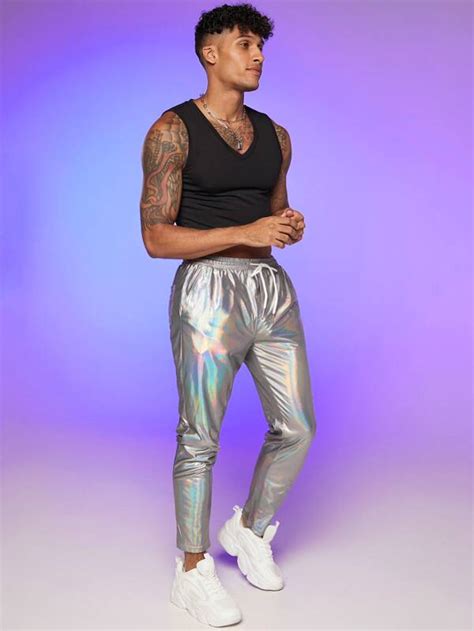 Manfinity Fever City Men Holographic Drawstring Waist Trousers Shein Uk