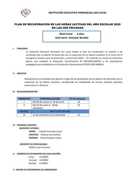 Pdf Plan De Recuperaci N De Las Horas Lectivas Del A O