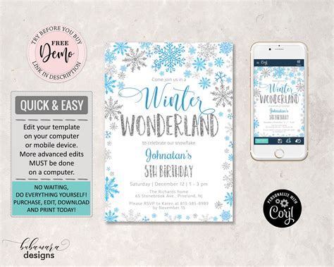 Winter Wonderland Birthday Invitation Blue Silver Snowflakes - Etsy