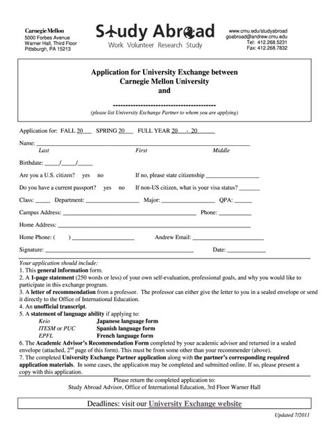 Fillable Online Studentaffairs Cmu University Exchange Application