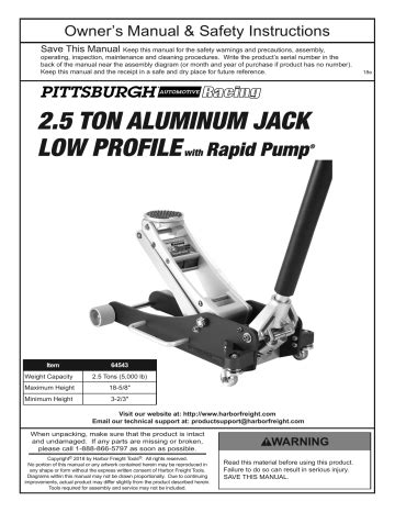 Pittsburgh Automotive 64543 2.5 Ton Aluminum Racing Floor Jack Manual ...