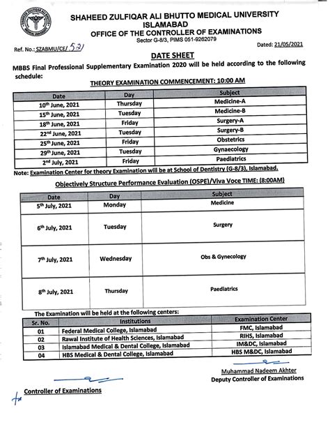 Date Sheet Mbbs Final Year Supplementary Examination Shaheed