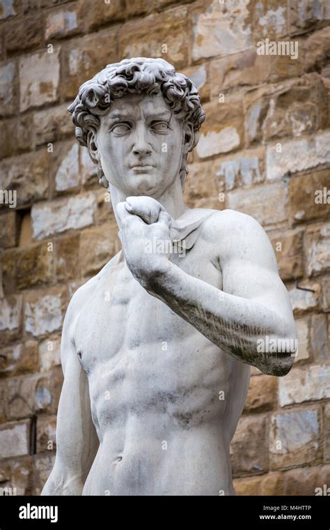 Marble Statue David By Michelangelo In Front Of Palazzo Vecchio Piazza