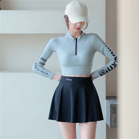 Bikini đi INFLACHI mảnh kín đáo dài tay nữ dạng váy kiểu dáng Hàn Quốc khóa kéo chất vải co