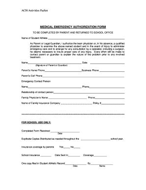 Fillable Online Almirasd MEDICAL EMERGENCY AUTHORIZATION FORM