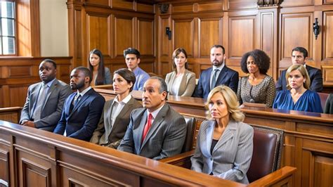 A diverse group of jurors sitting in a jury box focused and attentive ...