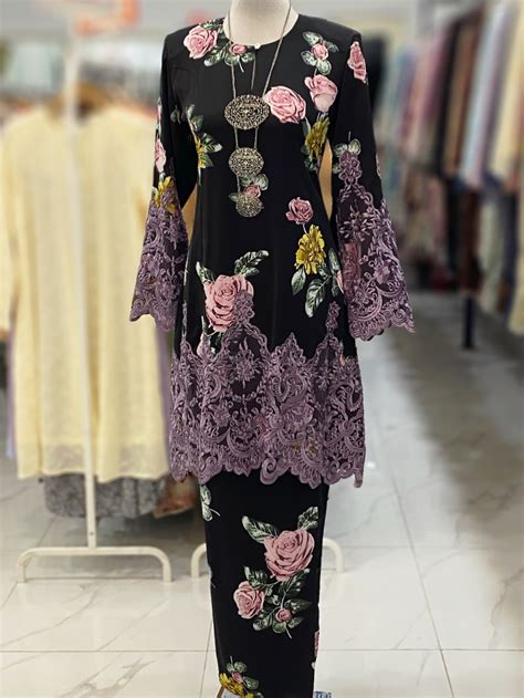 Camelia Kurung Border Lace Black Purple Apple Couture