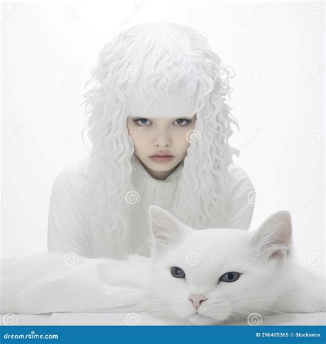 Curious White Cat Beside Woman A Rebeca Saray Inspired Artwork Stock