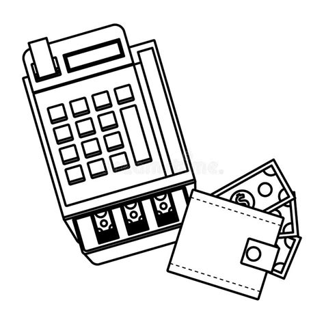 Cash Register And Wallet With Money Black And White Stock Vector