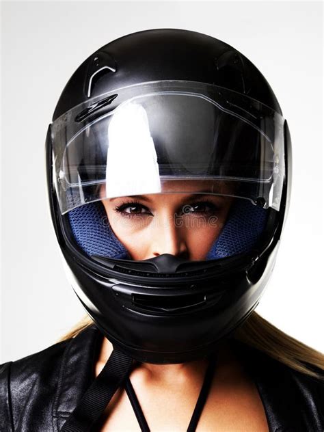 Ready To Ride Closeup Of A Lovely Blonde In A Motorcycle Helmet Stock Image Image Of Jacket