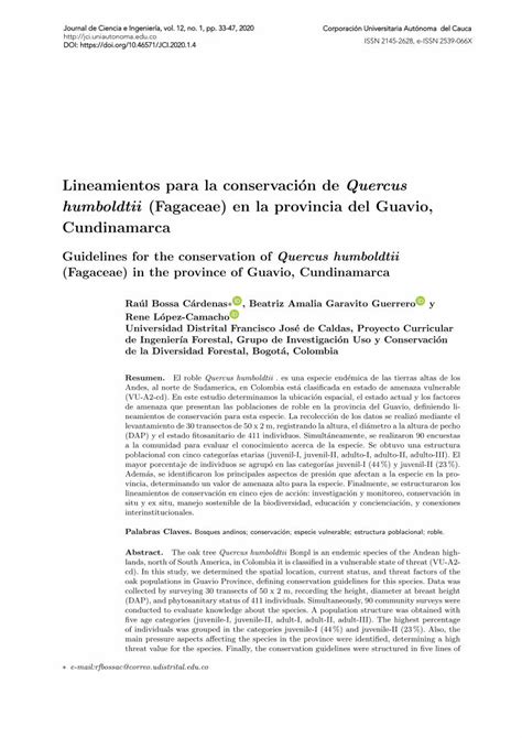 Pdf Lineamientos Para La Conservaci On De Quercus Humboldtii Jci